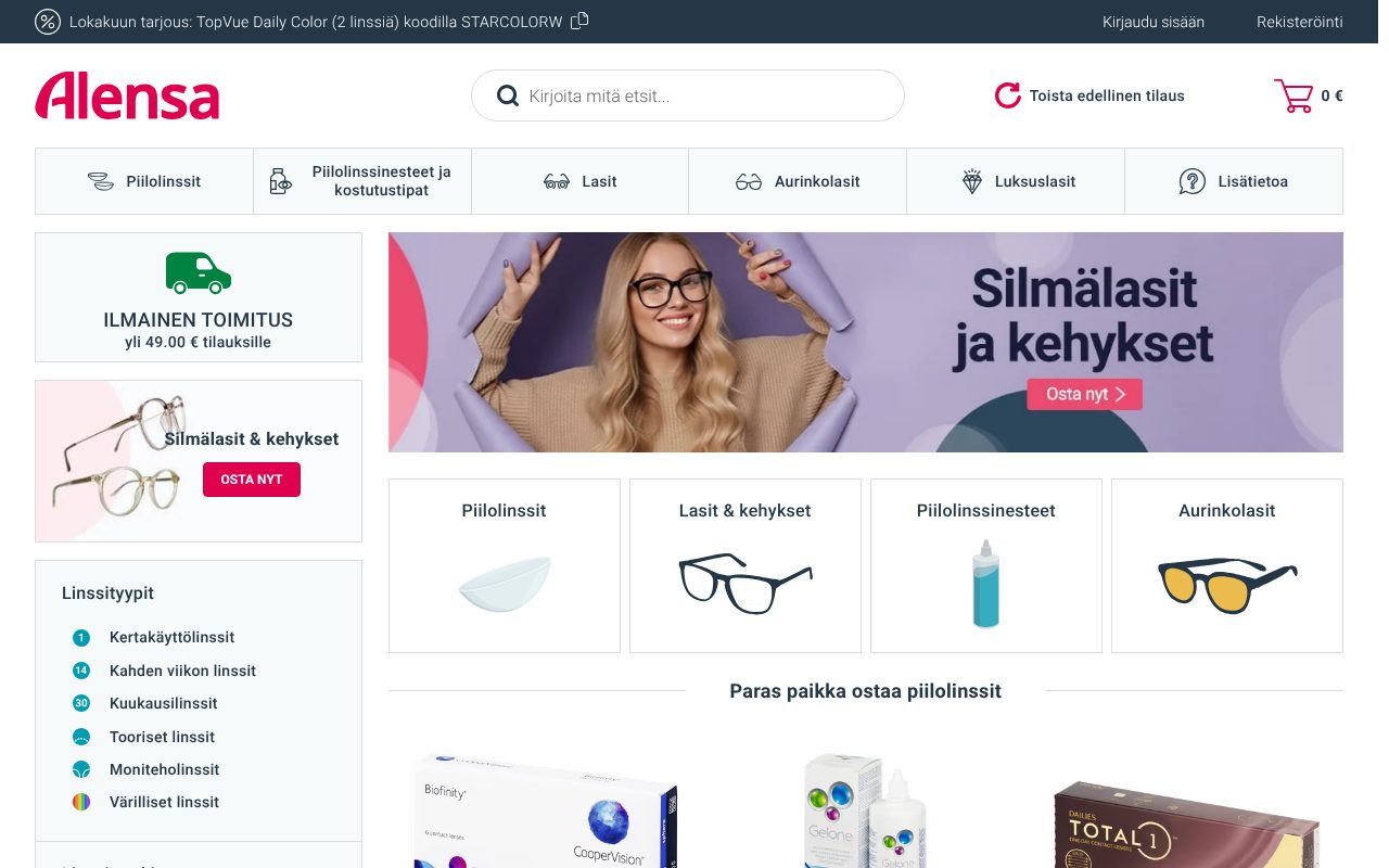 Alensa.fi-verkkokaupan etusivu