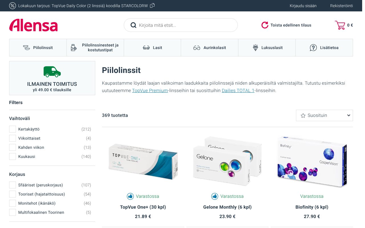 Alensan piilolinssiosasto linssityypin mukaan suodatettuna