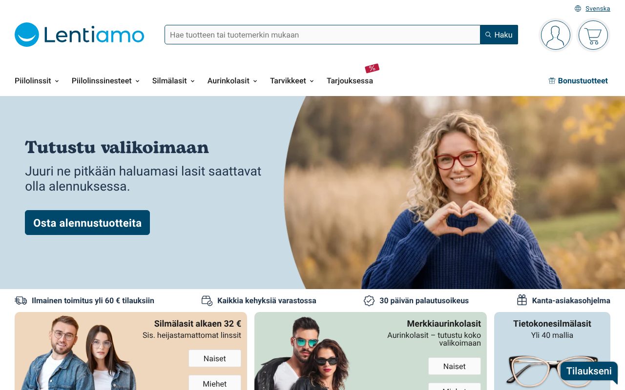 Lentiamo.fi-verkkokaupan etusivu