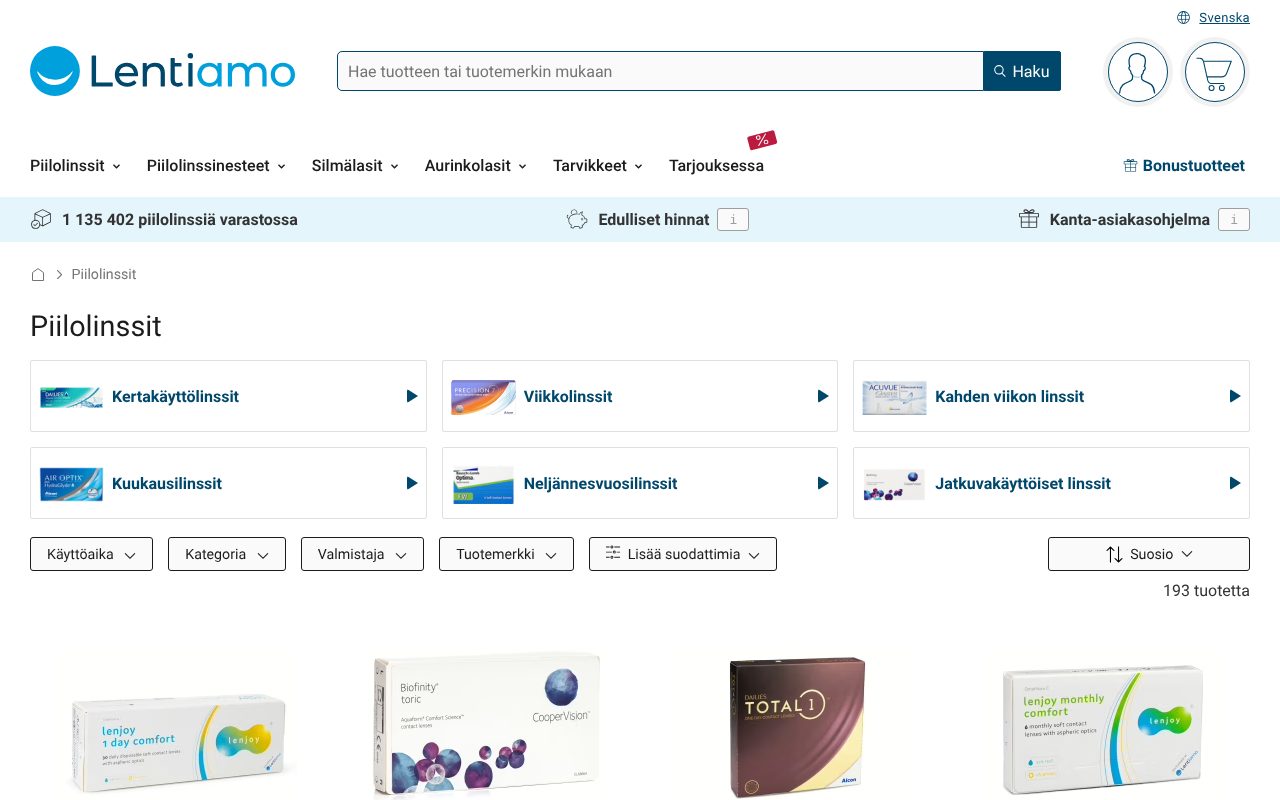 Lentiamon piilolinssiosasto ja linssien suodatusvalikko