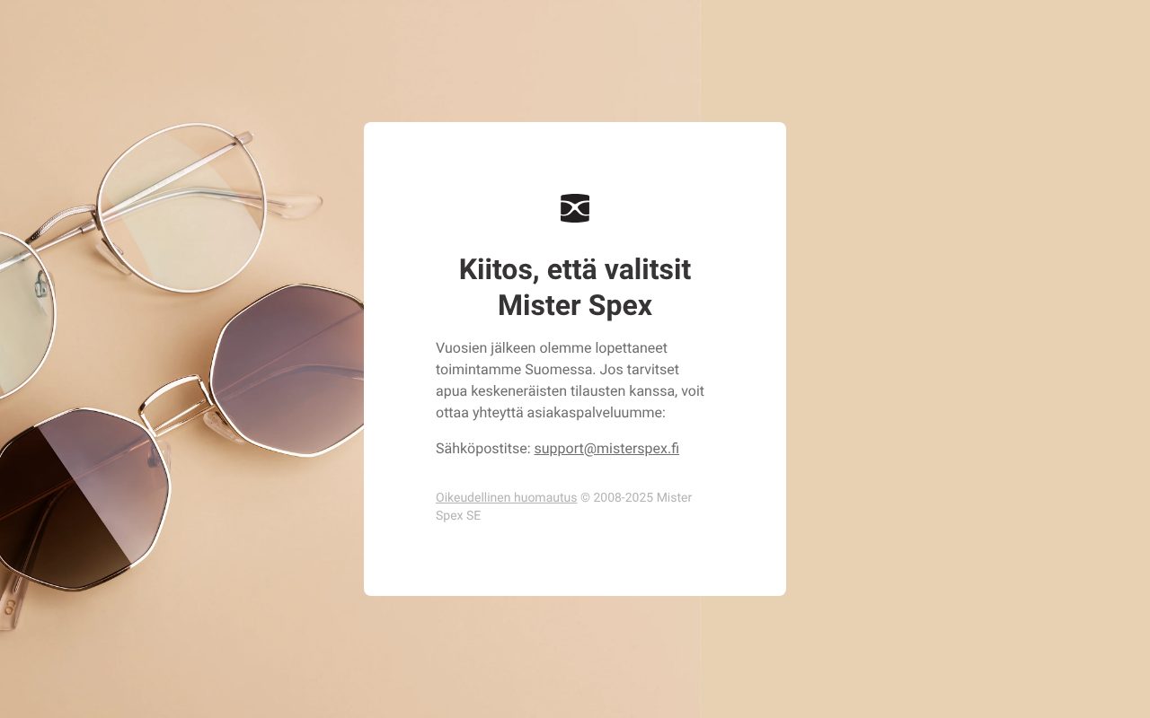 Misterspex.fi-sivuston ilmoitus toiminnan päättymisestä Suomessa