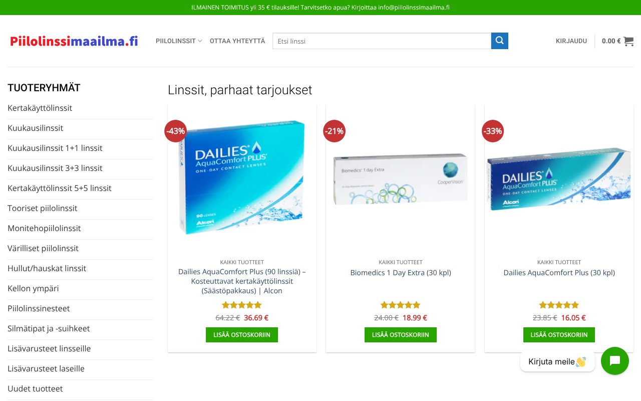Piilolinssimaailma.fi-verkkokaupan etusivu