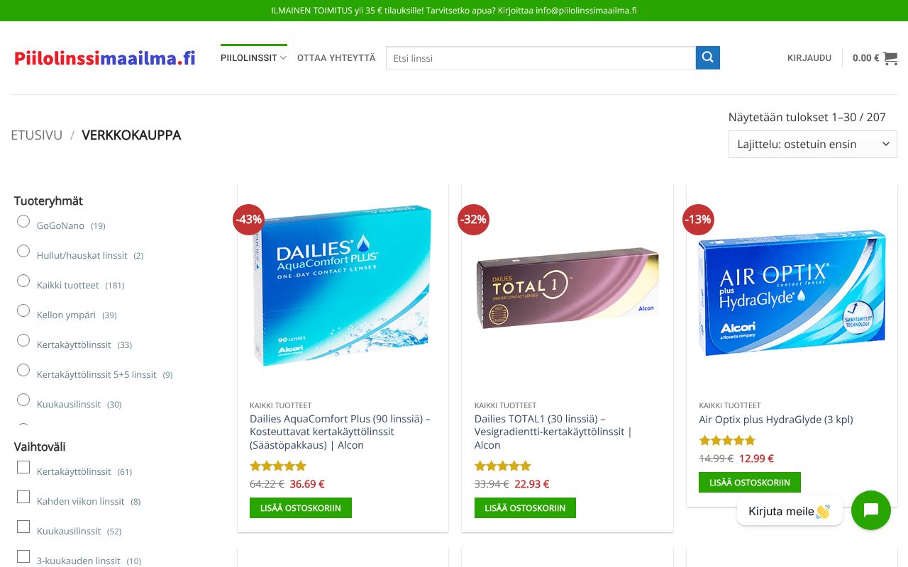 Piilolinssimaailman tuotelistaus, jossa linssit näkyvät alennushintoineen