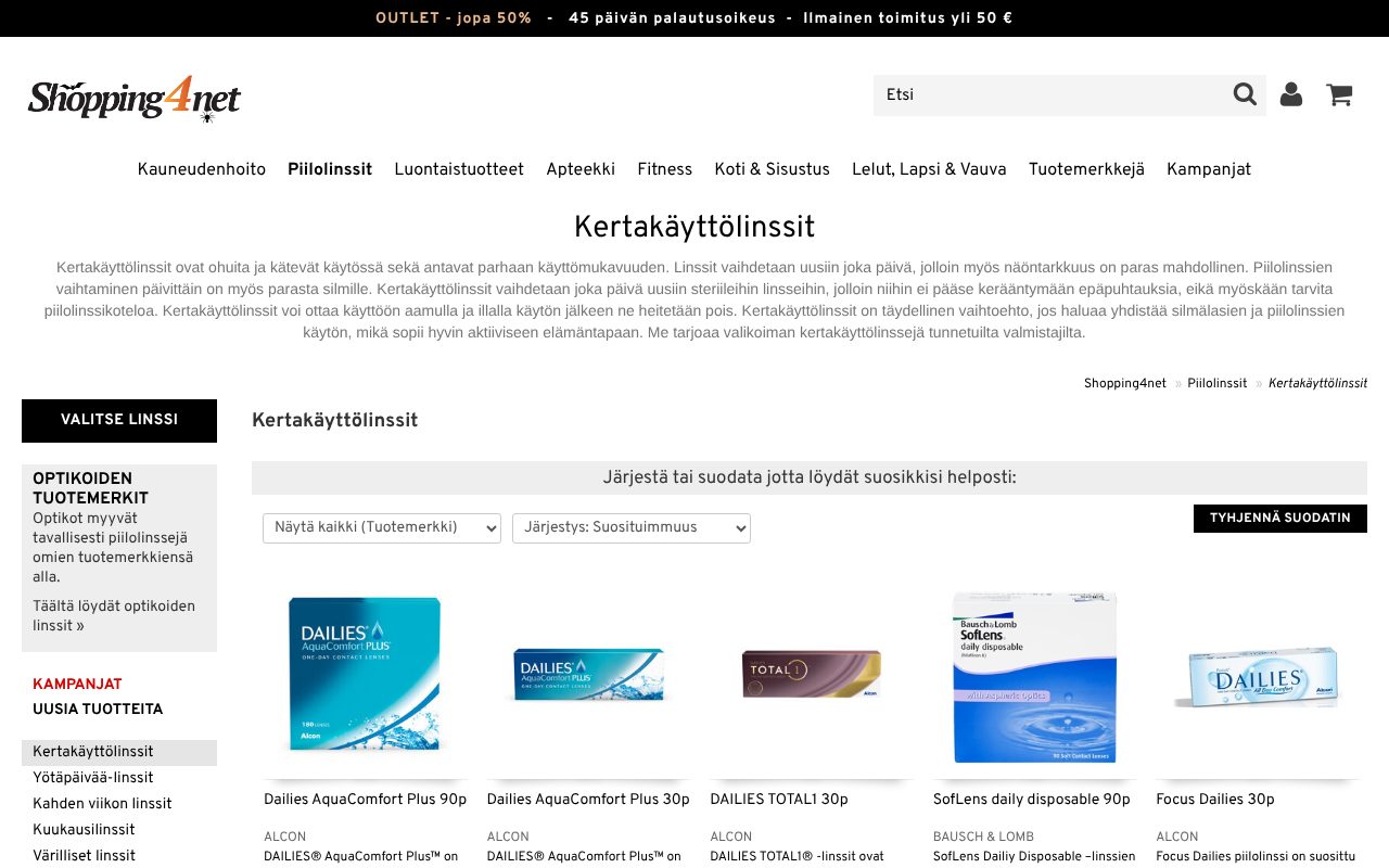 Shopping4netin piilolinssiosasto ja linssityyppien valikko