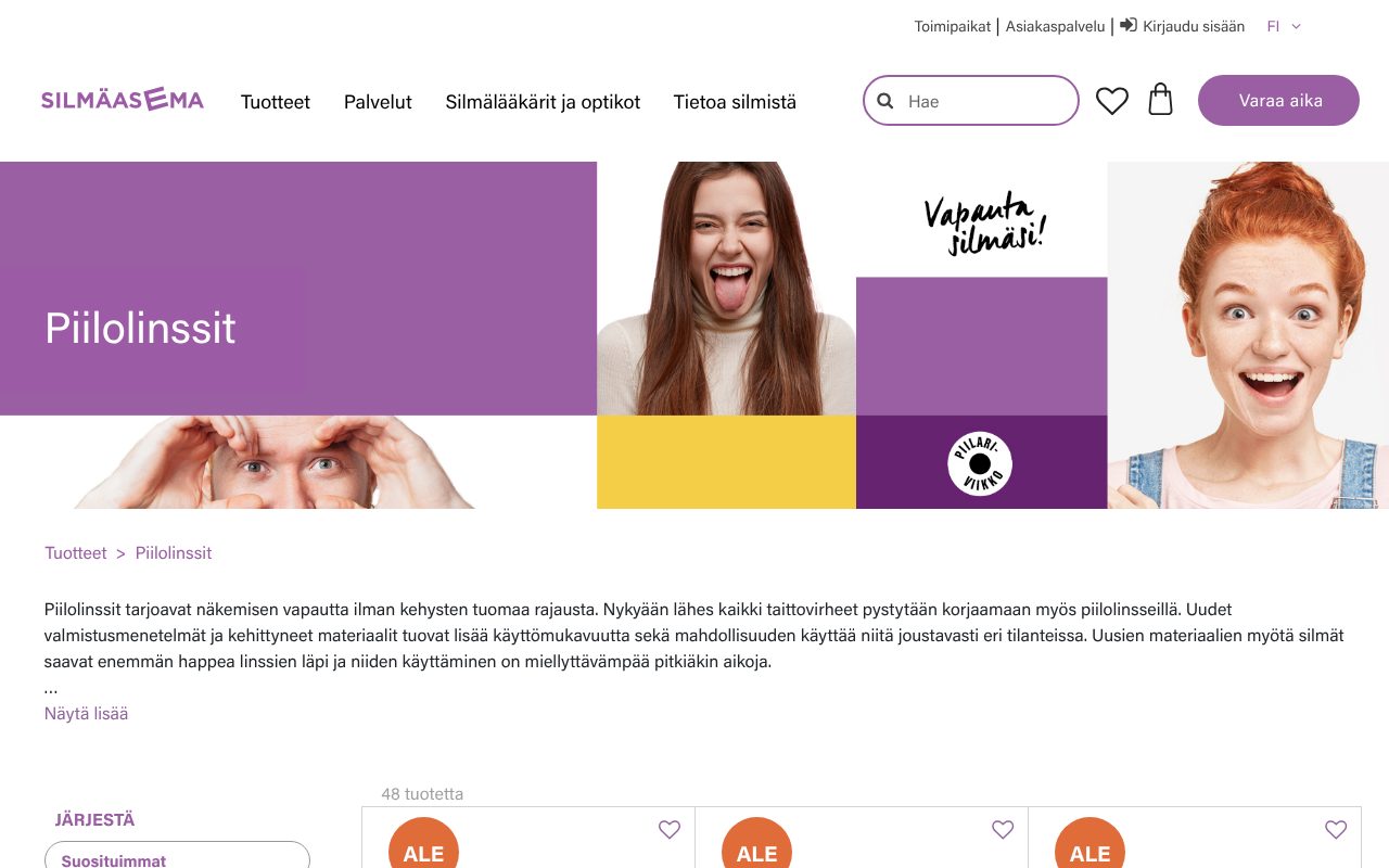 Silmäaseman verkkokaupan piilolinssiosasto