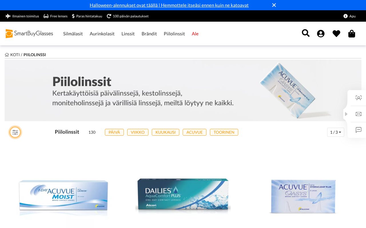 SmartBuyGlassesin piilolinssiosasto tuotesuodattimineen
