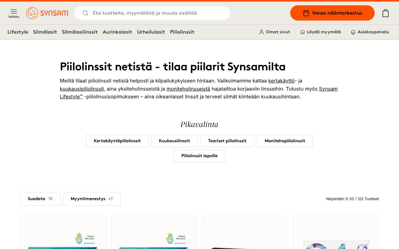 Synsamin verkkokaupan piilolinssiosasto